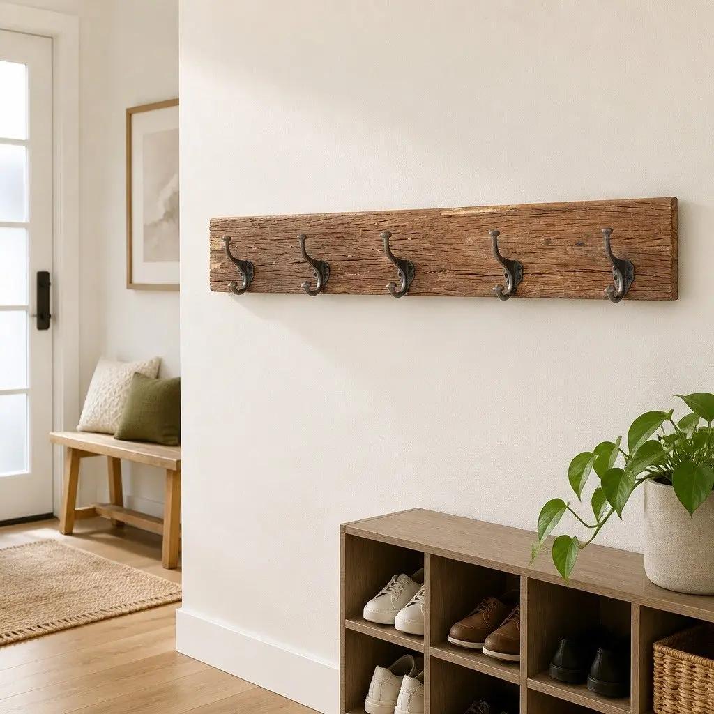 Coat Rack Brown Solid Reclaimed Wood 5 Hooks Home Decor