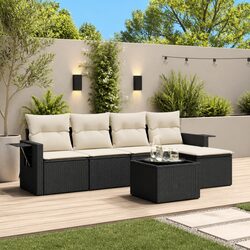 Garden Sofa Set 6 Piece Outdoor Furniture Black Poly Rattan with Cushions Table