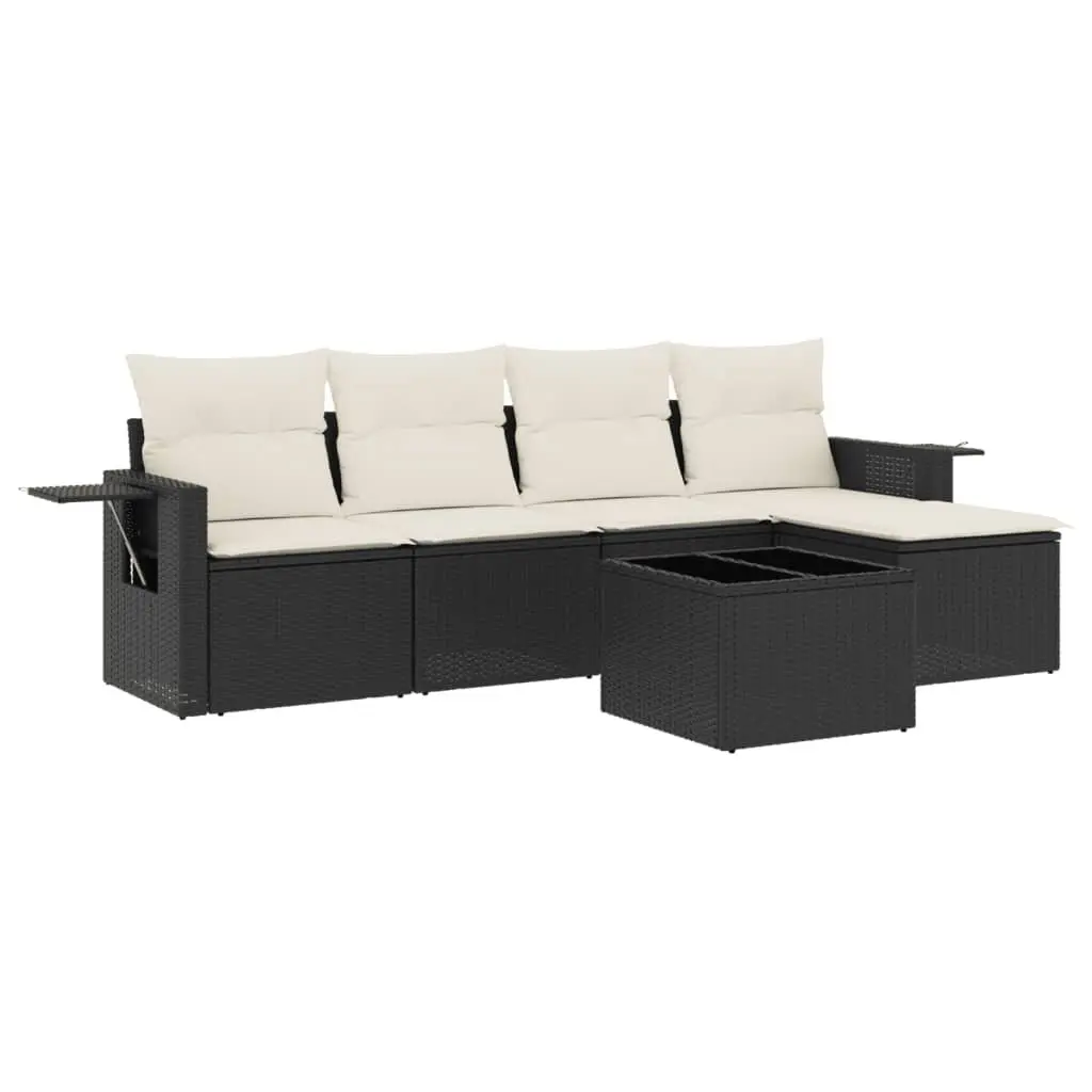 Garden Sofa Set Black 6 Piece Outdoor Furniture Poly Rattan with Cushions and Foldable Side Tables