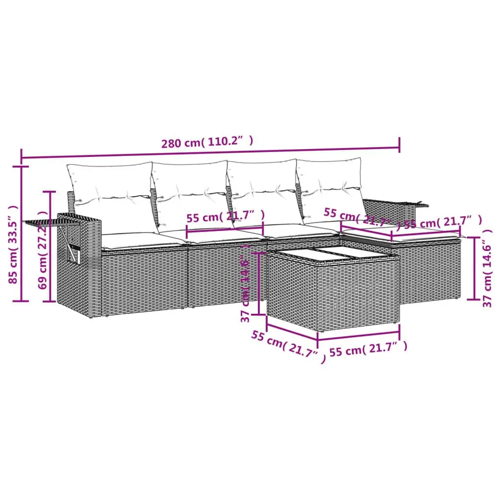 Garden Sofa Set Black 6 Piece Outdoor Furniture Poly Rattan with Cushions and Foldable Side Tables