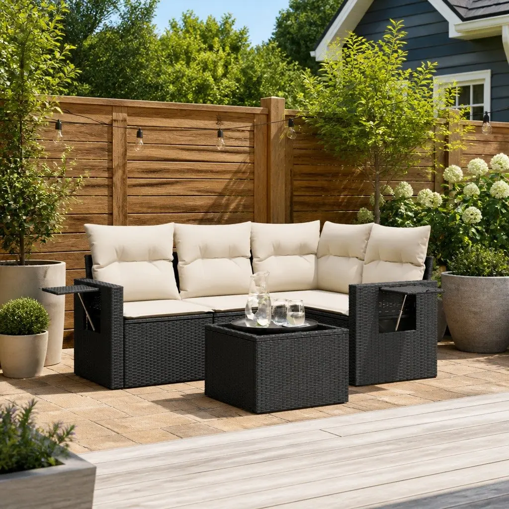 Garden Sofa Set 5 Piece Outdoor Furniture Patio Black Rattan with Cushions Table