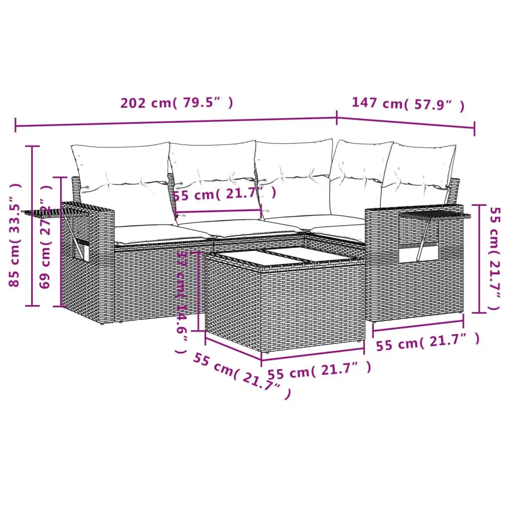 Garden Sofa Set 5 Piece Outdoor Furniture Patio Black Rattan with Cushions Table