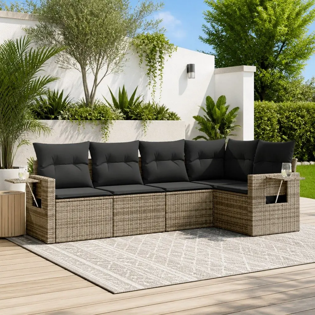 Garden Sofa Set Grey 5 Piece Modular Outdoor Furniture with Foldable Side Tables and Removable Cushion Covers