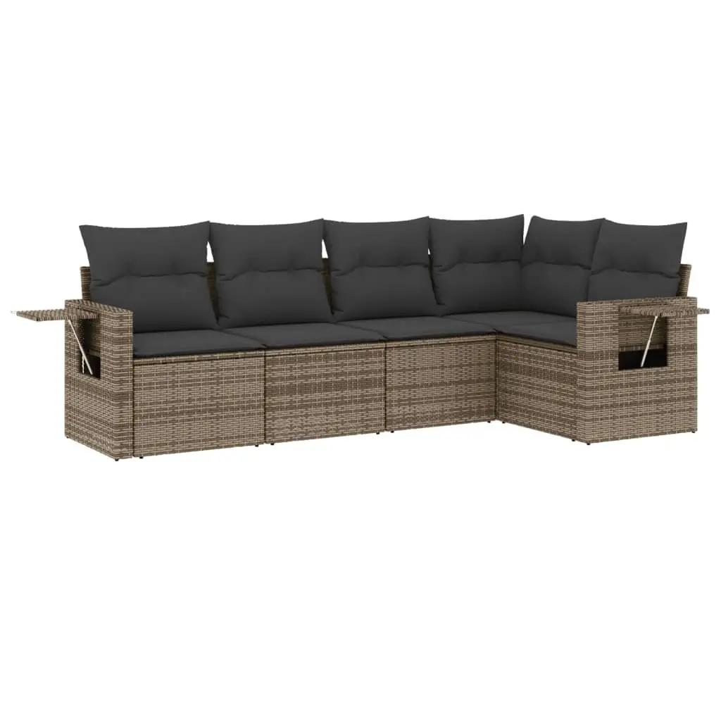Garden Sofa Set Grey 5 Piece Modular Outdoor Furniture with Foldable Side Tables and Removable Cushion Covers