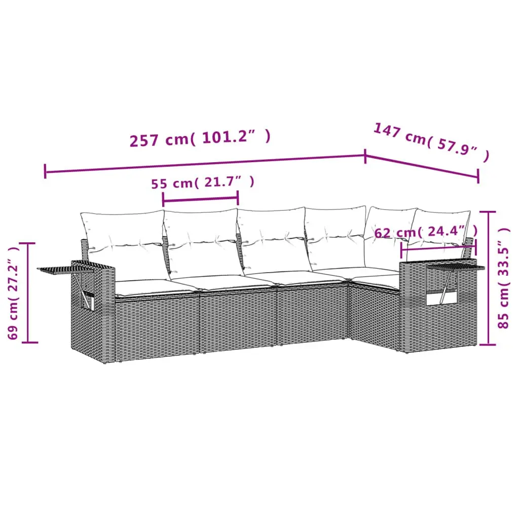 Garden Sofa Set Grey 5 Piece Modular Outdoor Furniture with Foldable Side Tables and Removable Cushion Covers
