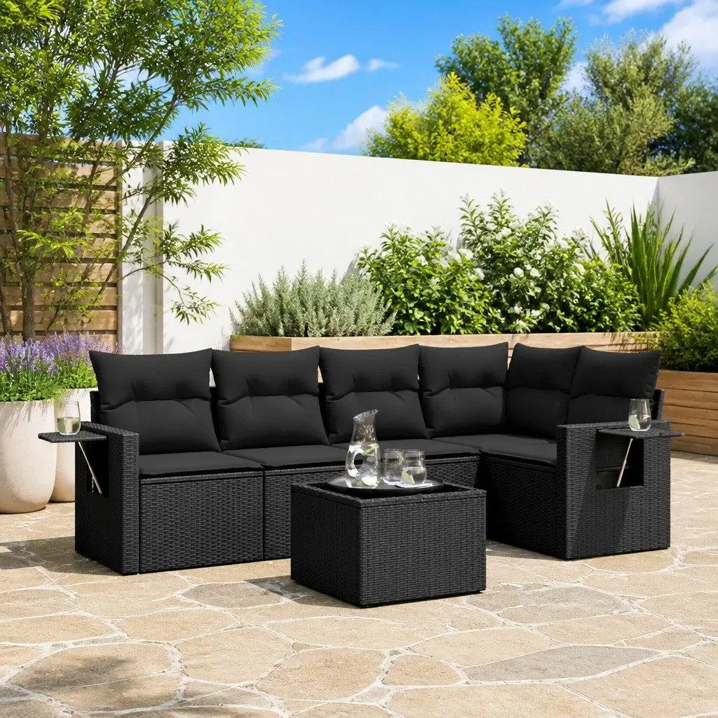 Garden Sofa Set 6 Piece Black Poly Rattan Outdoor Furniture Patio Seating
