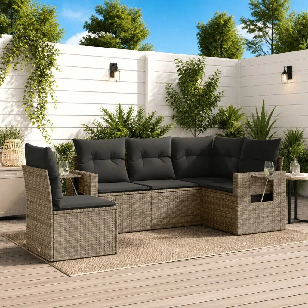 Grey Modular Outdoor Sofa Set with Cushions 5 Piece Poly Rattan Patio Furniture and Foldable Side Tables