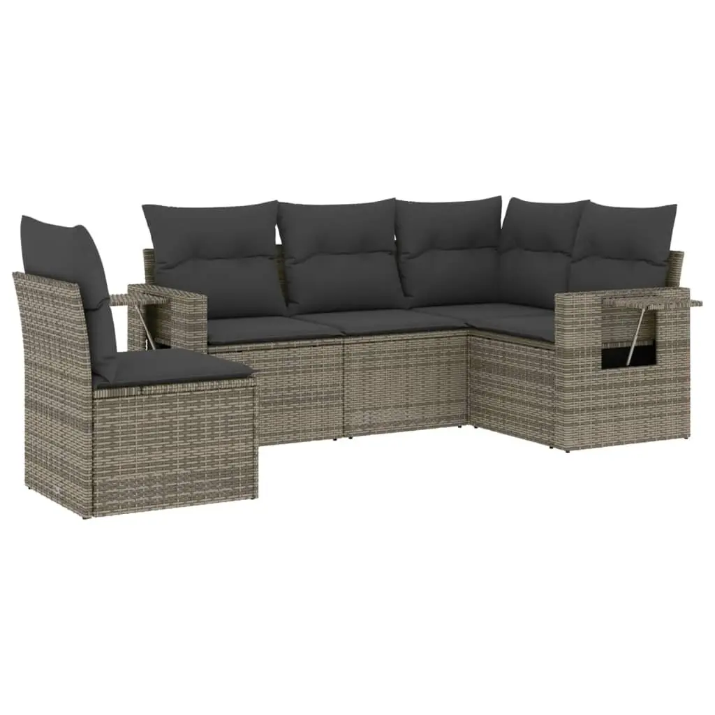 Grey Modular Outdoor Sofa Set with Cushions 5 Piece Poly Rattan Patio Furniture and Foldable Side Tables
