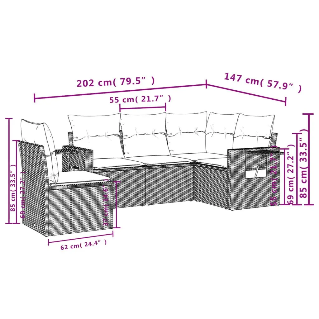 Grey Modular Outdoor Sofa Set with Cushions 5 Piece Poly Rattan Patio Furniture and Foldable Side Tables
