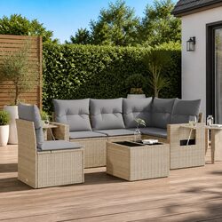 Outdoor Garden Sofa Set 6 Piece Beige Poly Rattan Patio Furniture with Cushions