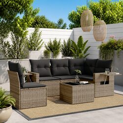 Garden Sofa Set 6 Piece Outdoor Furniture Grey Poly Rattan with Cushions Glass