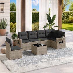Garden Sofa Set 7 Piece Outdoor Furniture Patio Grey Poly Rattan with Cushions