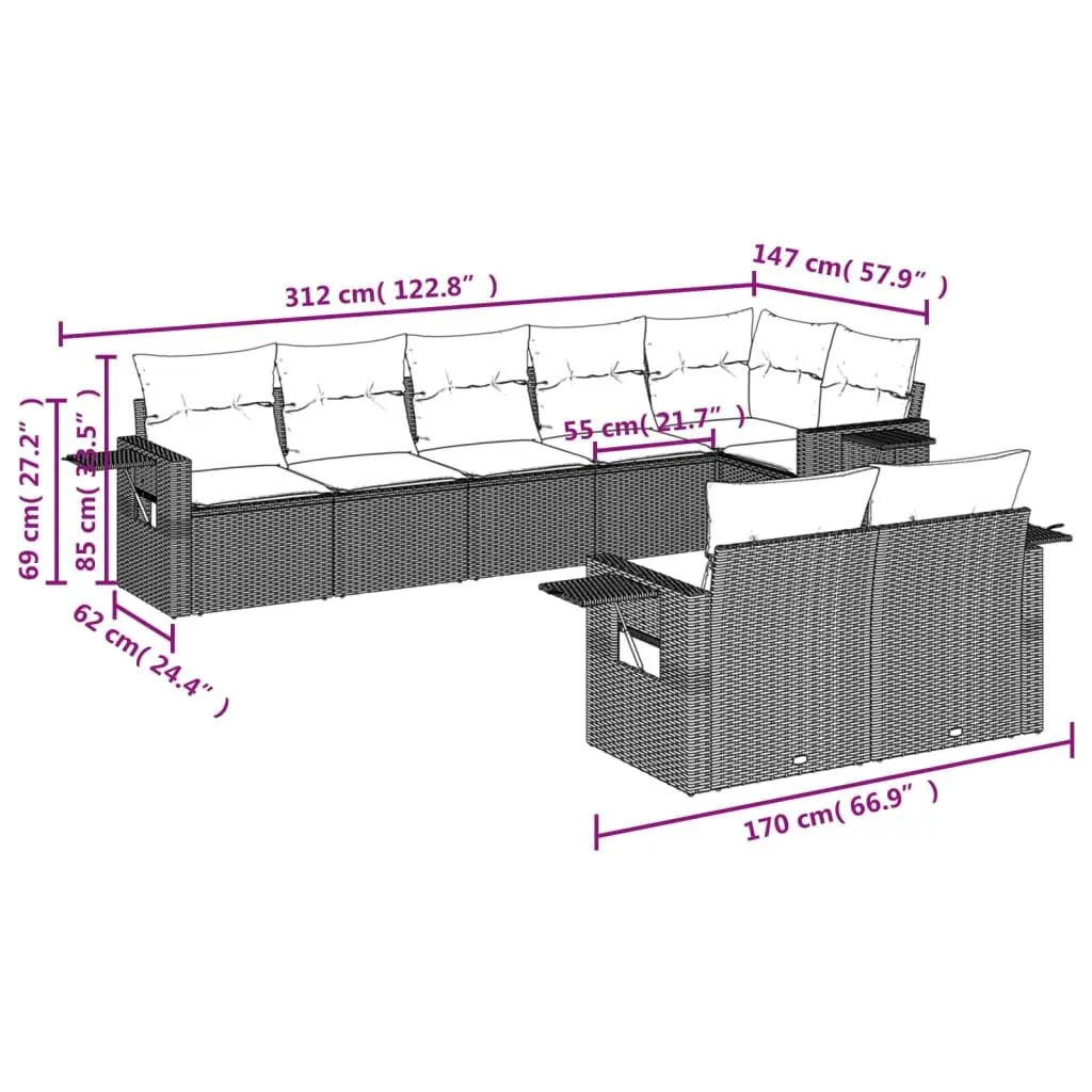 Garden Sofa Set Grey 8 Piece Modular Outdoor Furniture with Cushions and Foldable Side Tables
