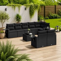 9 Piece Outdoor Garden Sofa Set Black Poly Rattan Patio Furniture with Cushions
