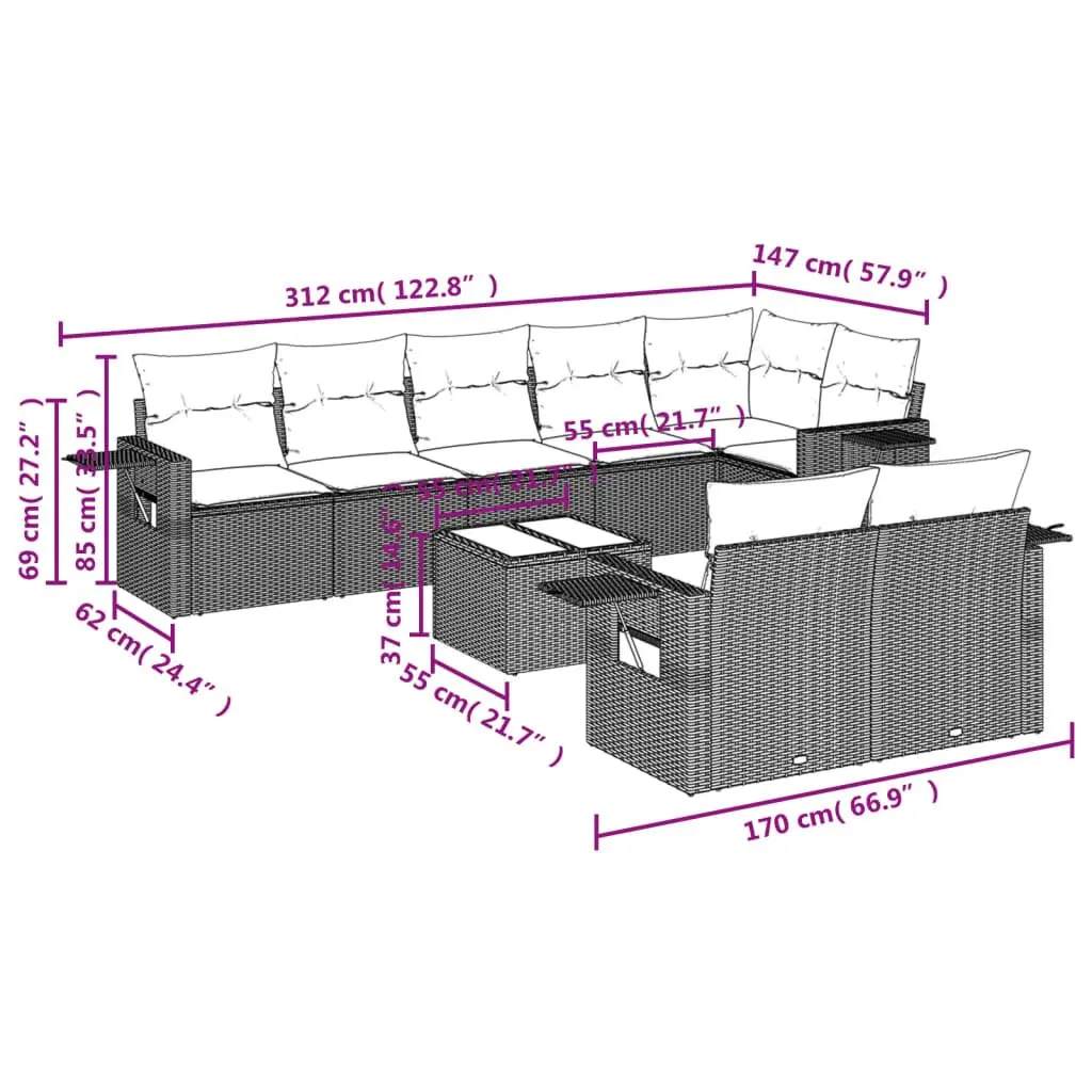 9 Piece Garden Sofa Set with Cushions Grey Outdoor Furniture Patio Lounge