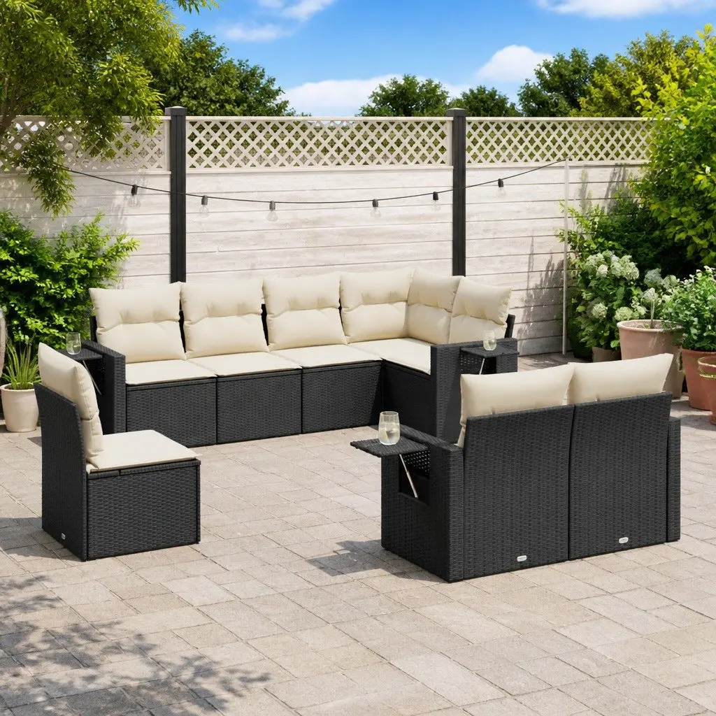 Garden Sofa Set Black 8 Piece Modular Outdoor Furniture with Foldable Side Tables and Removable Cushion Covers