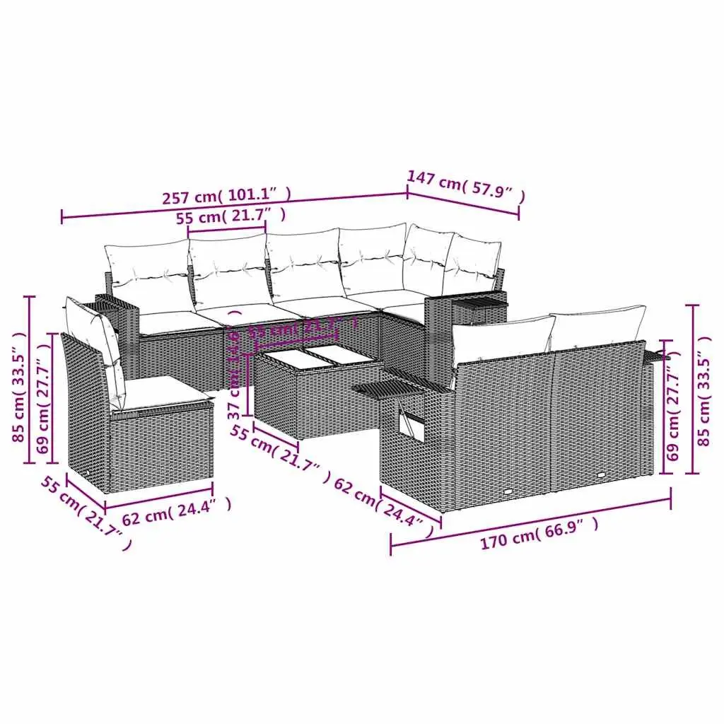 9 Piece Outdoor Garden Sofa Set Black Poly Rattan Patio Furniture with Cushions