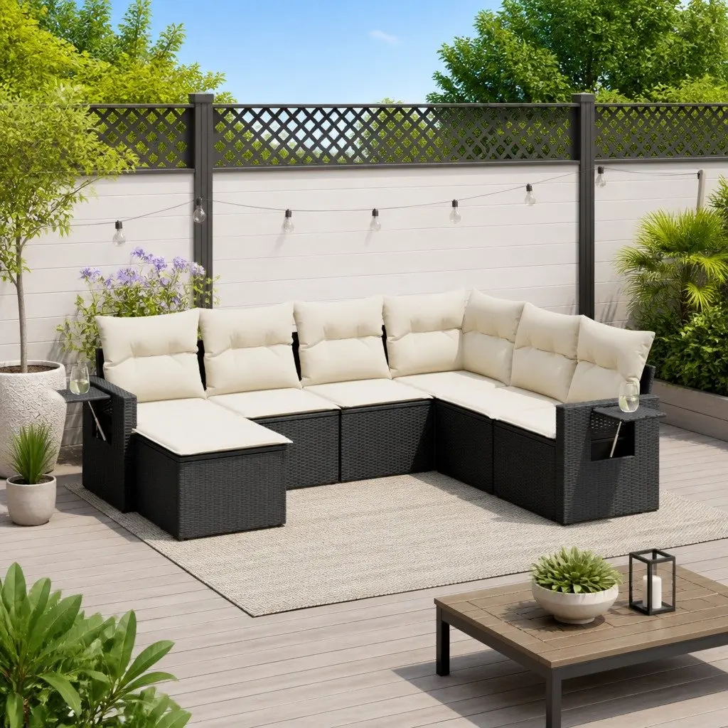 Garden Sofa Set Black 7 Piece Outdoor Furniture Patio Seating with Cushions