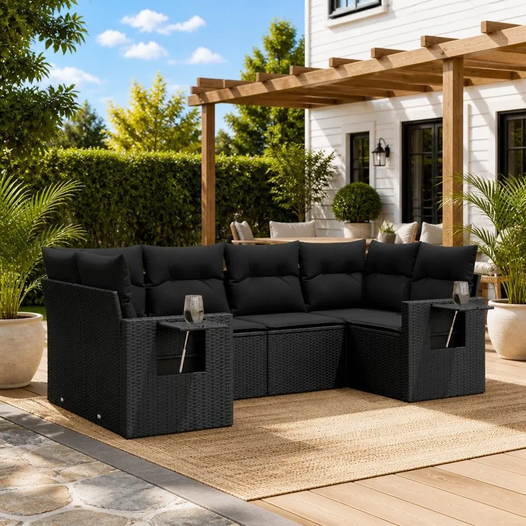 Garden Sofa Set 6 Piece Outdoor Furniture with Cushions Black Poly Rattan