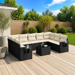 Garden Sofa Set 10 Piece Outdoor Furniture Black Poly Rattan with Cushions Patio