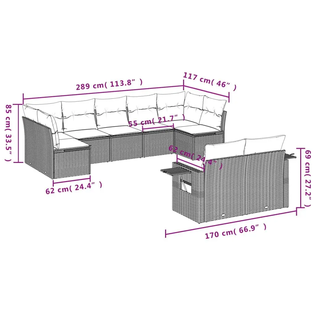Garden Sofa Set Grey 9 Piece Modular Outdoor Furniture PE Rattan Patio Lounge