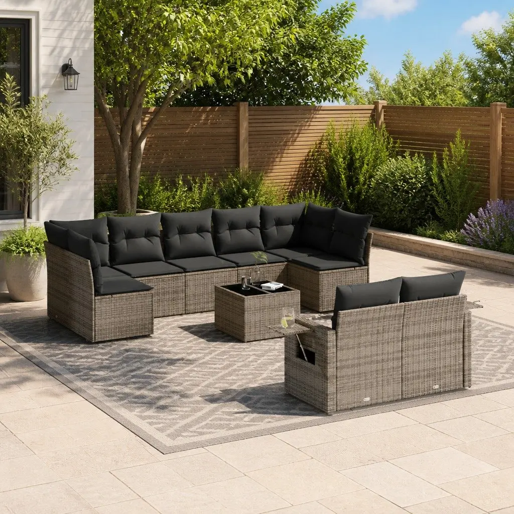 Garden Sofa Set 10 Piece Outdoor Furniture Grey Poly Rattan with Cushions