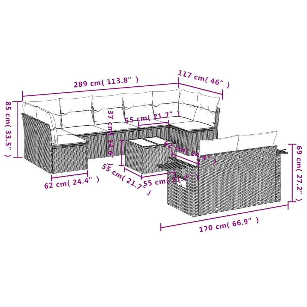 Garden Sofa Set 10 Piece Outdoor Furniture Grey Poly Rattan with Cushions