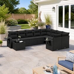 Garden Sofa Set 10 Piece Outdoor Furniture Black Poly Rattan Modular Patio