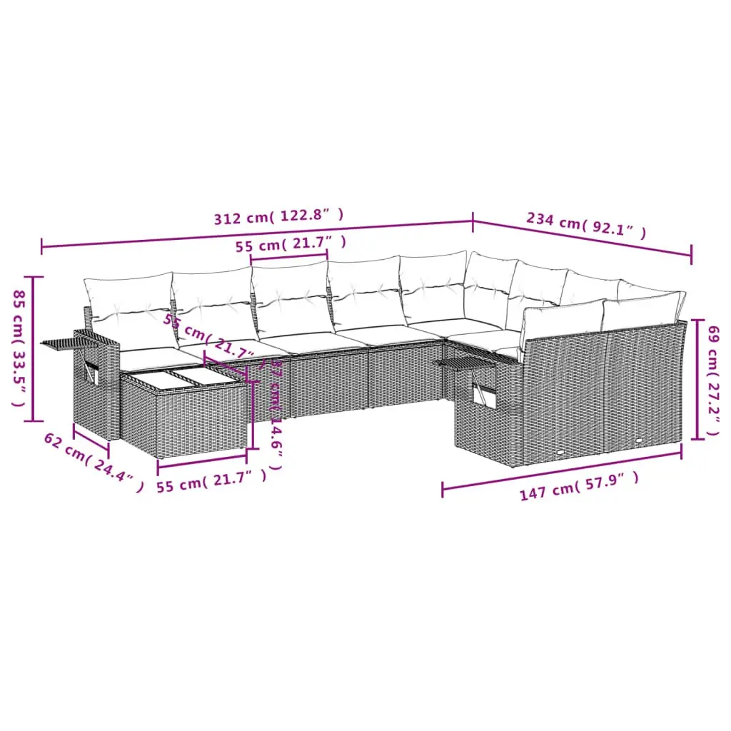 Garden Sofa Set 10 Piece Outdoor Patio Furniture Black Poly Rattan with Cushions