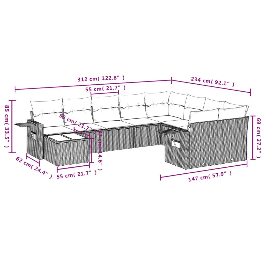 Garden Sofa Set 10 Piece Outdoor Furniture Grey Poly Rattan Modular Patio Lounge