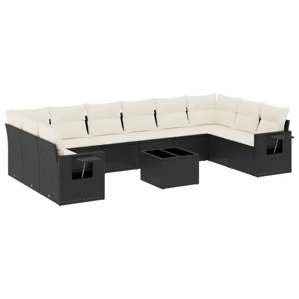 Garden Sofa Set Black 11 Piece Modular Outdoor Furniture with Tempered Glass Table and Foldable Side Tables