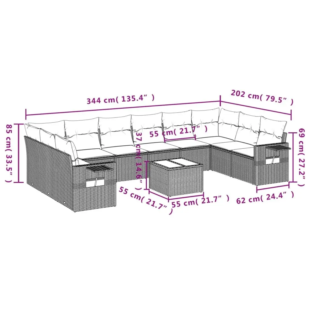 Garden Sofa Set Black 11 Piece Modular Outdoor Furniture with Tempered Glass Table and Foldable Side Tables