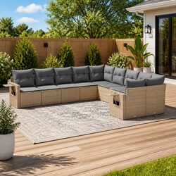 Outdoor Garden Sofa Set 10 Piece Beige Poly Rattan Patio Furniture with Cushions