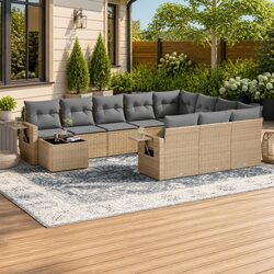 Garden Sofa Set 11 Piece Outdoor Furniture Patio Lounge Beige Poly Rattan