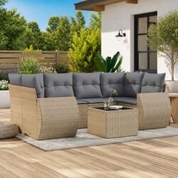 7 Piece Garden Sofa Set Outdoor Patio Furniture with Cushions Beige Poly Rattan