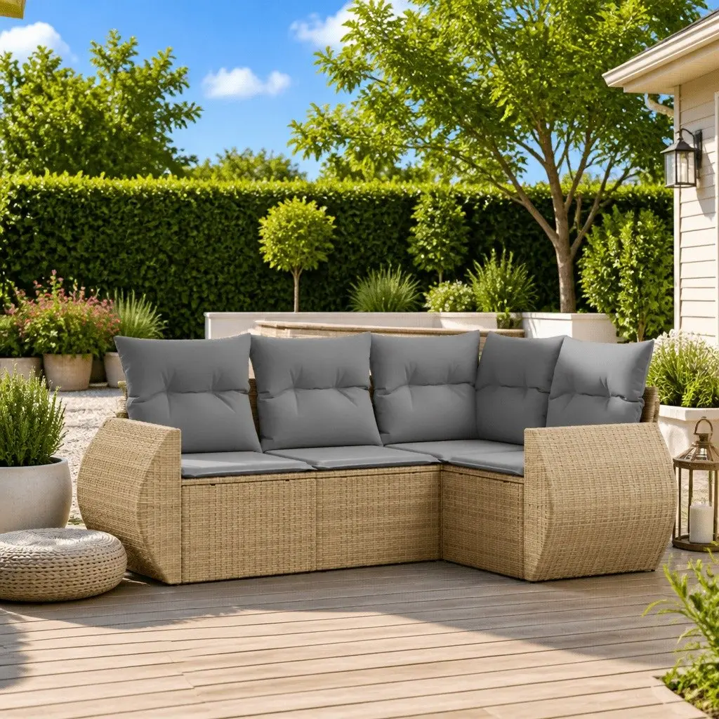 Outdoor Garden Sofa Set 4 Piece Poly Rattan Beige Cushions Patio Furniture