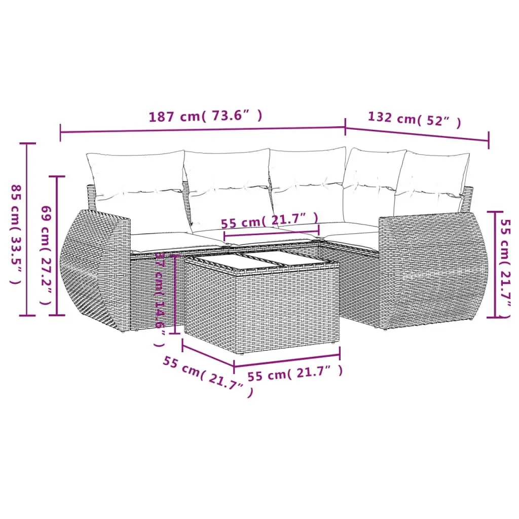Garden Sofa Set Grey 5 Piece Outdoor Furniture Patio Poly Rattan with Cushions