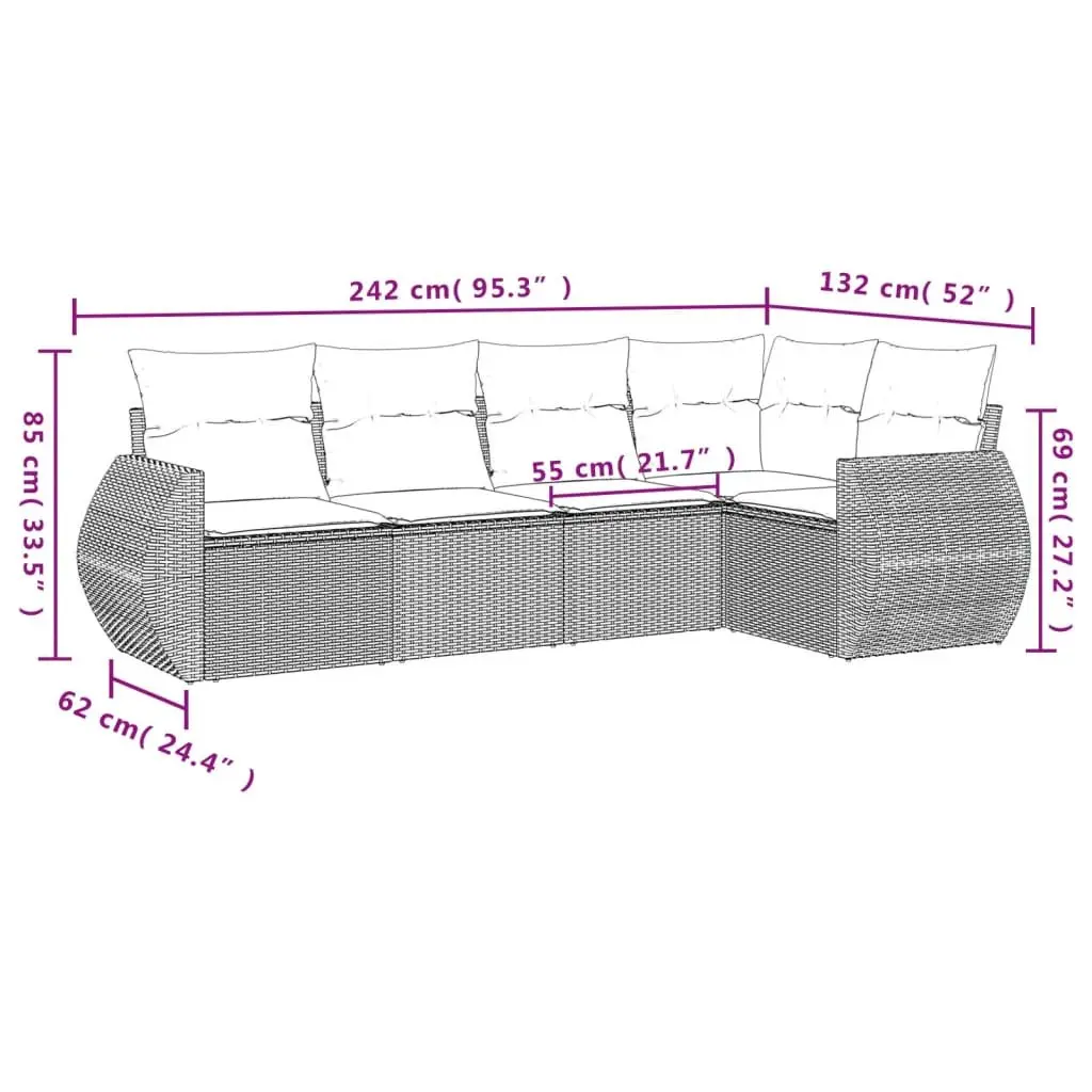 5 Piece Outdoor Garden Sofa Set with Cushions Grey Rattan Patio Furniture