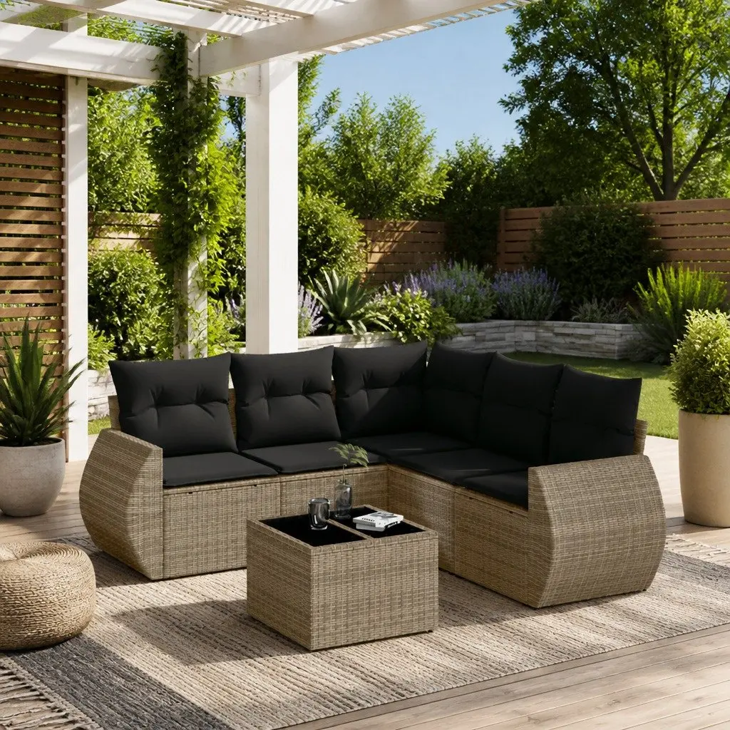 Garden Sofa Set Grey 6 Piece Outdoor Furniture Poly Rattan with Cushions