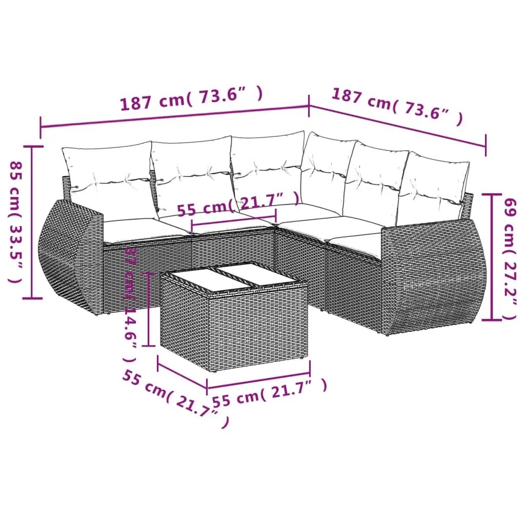 Garden Sofa Set Grey 6 Piece Outdoor Furniture Poly Rattan with Cushions