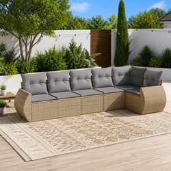6 Piece Outdoor Garden Sofa Set Beige Poly Rattan Patio Furniture with Cushions