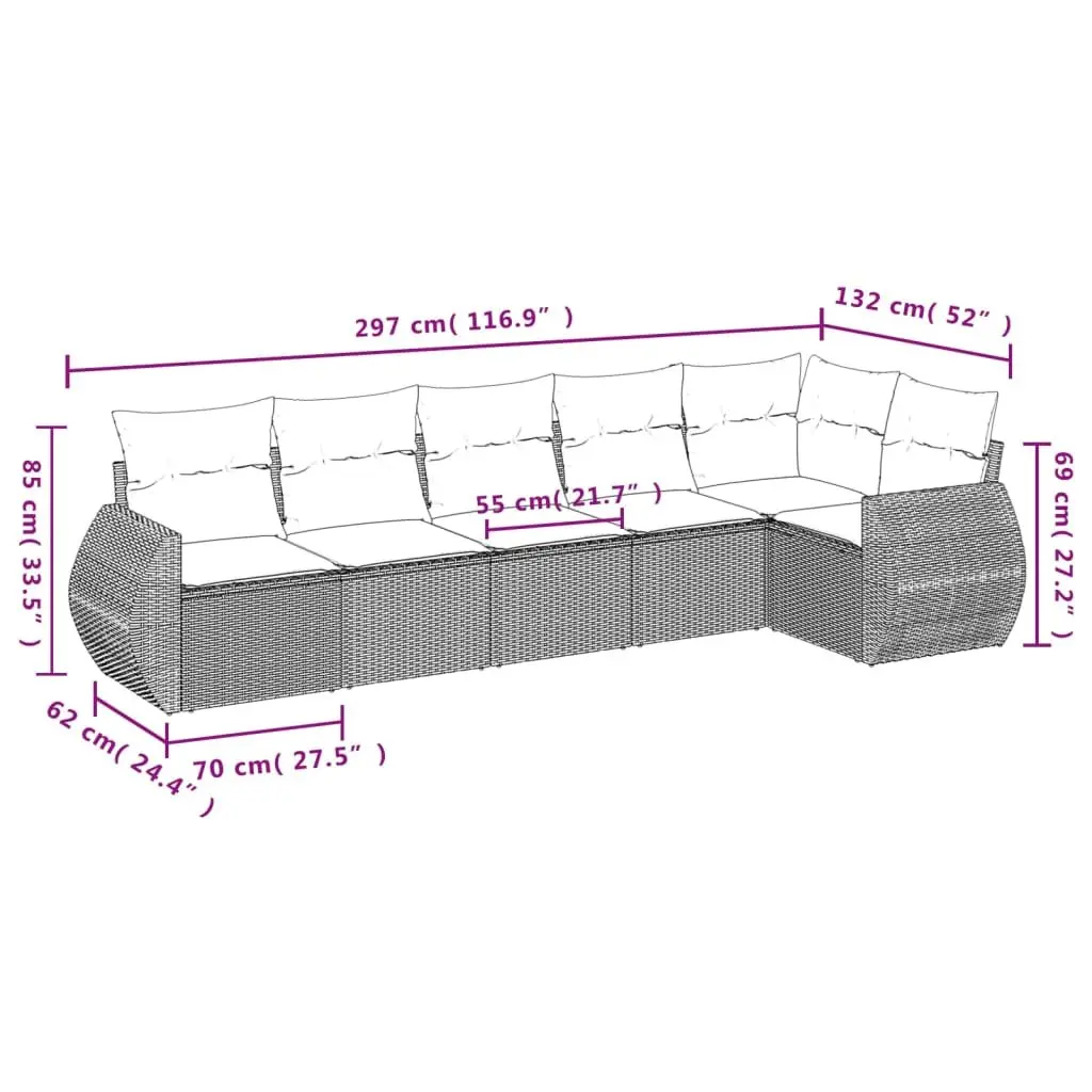 6 Piece Outdoor Garden Sofa Set Beige Poly Rattan Patio Furniture with Cushions