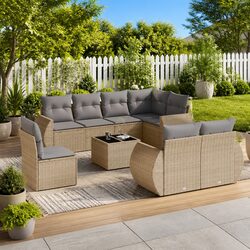 Outdoor Sectional Sofa Set 9 Piece Garden Furniture Beige Poly Rattan with
