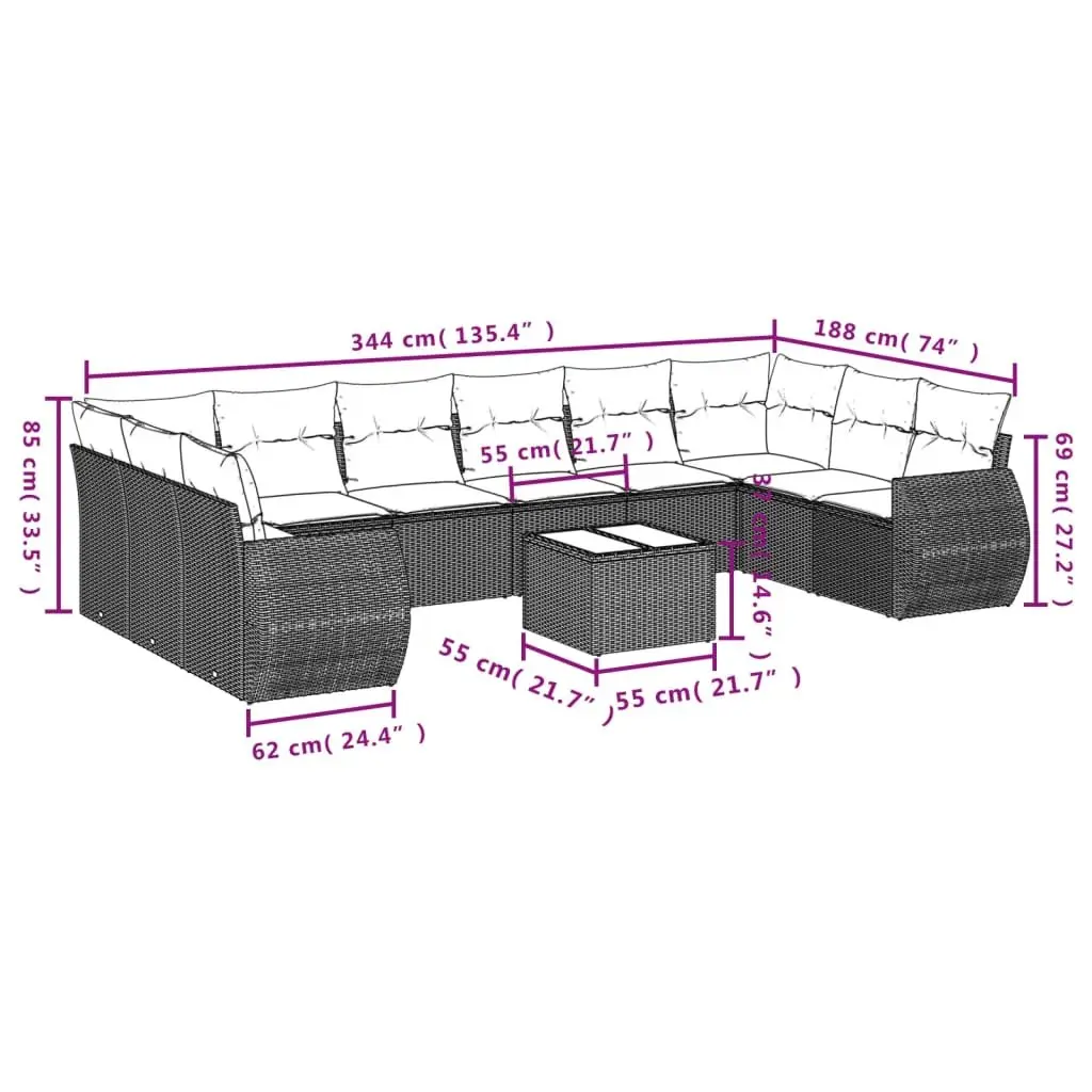 10 Piece Modular Garden Sofa Set Grey PE Rattan with Cushions