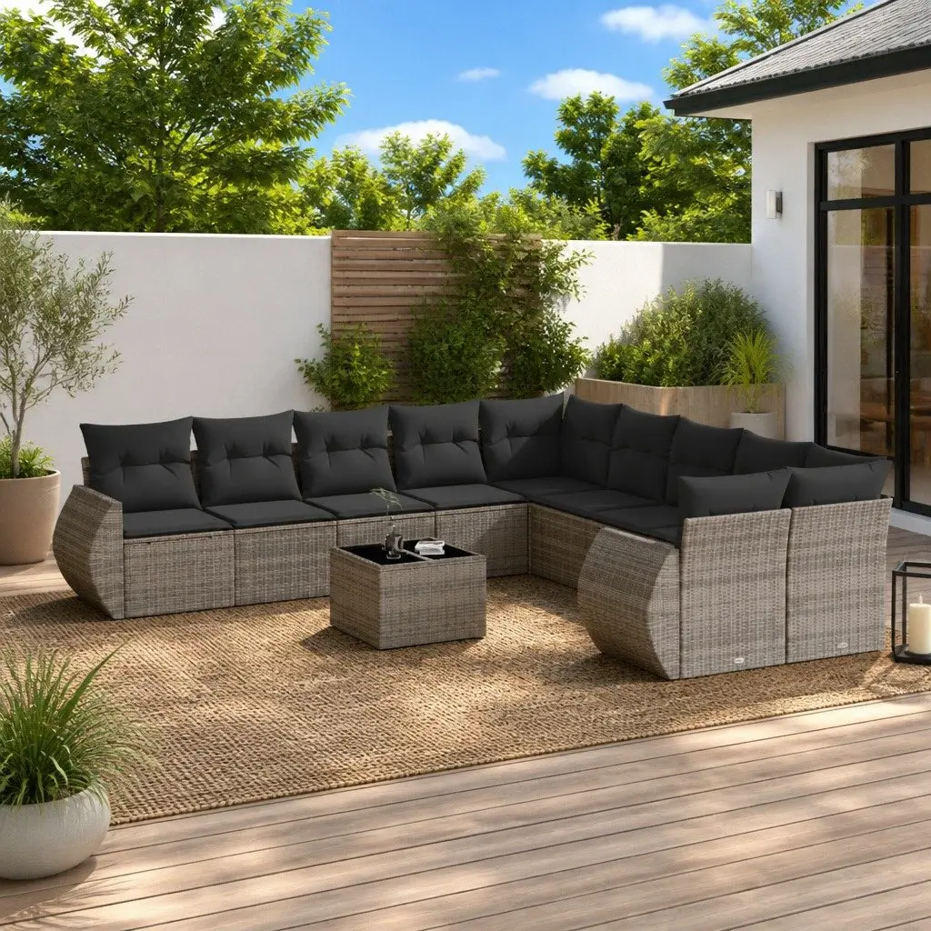11 Piece Outdoor Garden Sofa Set Grey PE Rattan Modular Sectional with Cushions
