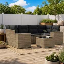 Concise 7-Piece Grey Outdoor Sofa Set with Glass Table
