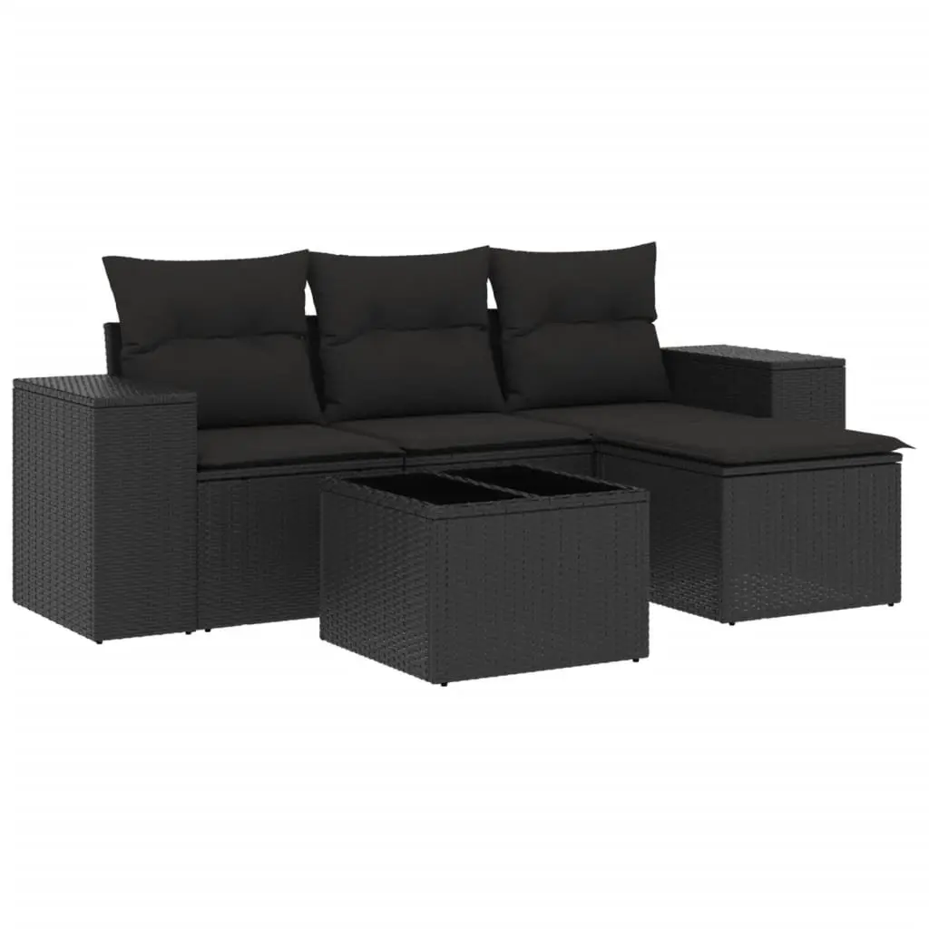 Outdoor Sofa Set Black 5 Piece Modular PE Poly Rattan with Tempered Glass Table Top