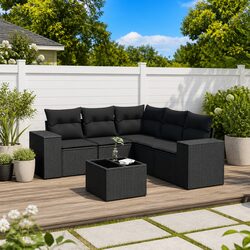 6 Piece Outdoor Garden Sofa Set Black Poly Rattan Patio Furniture with Cushions