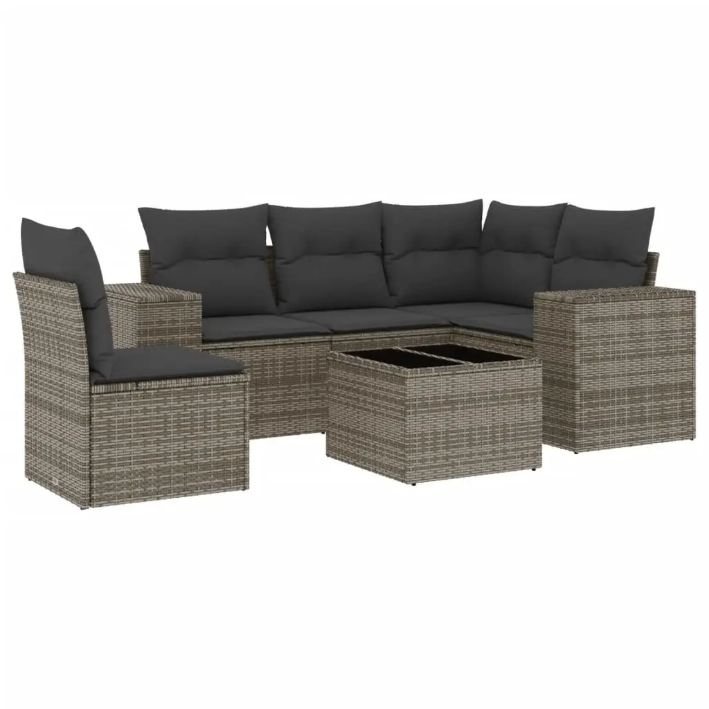 Garden Sofa Set Grey 6 Piece Modular Outdoor Furniture PE Poly Rattan Weather Resistant Thick Cushions Tempered Glass Table Top