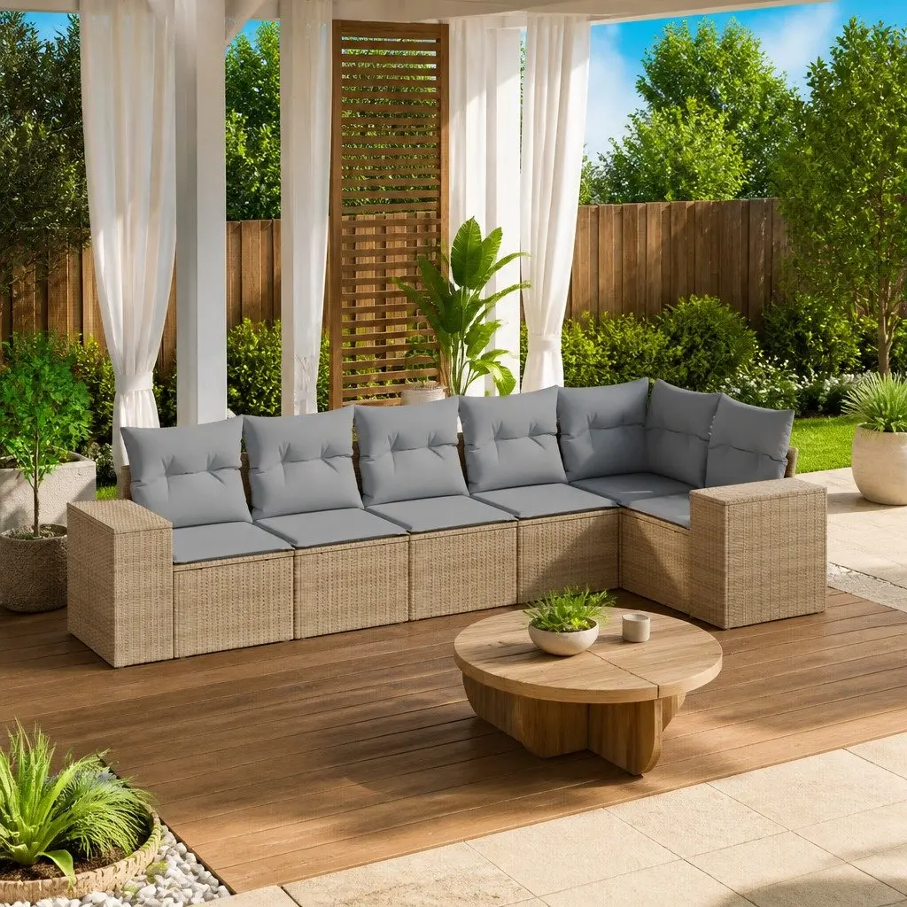 Garden Sofa Set 6 Piece Outdoor Furniture Beige Poly Rattan with Cushions